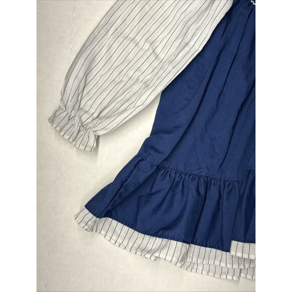 Vintage Swing Top Dress Blue & White Pinstripe Embroidered Long Sleeve Collar - Picture 4 of 10